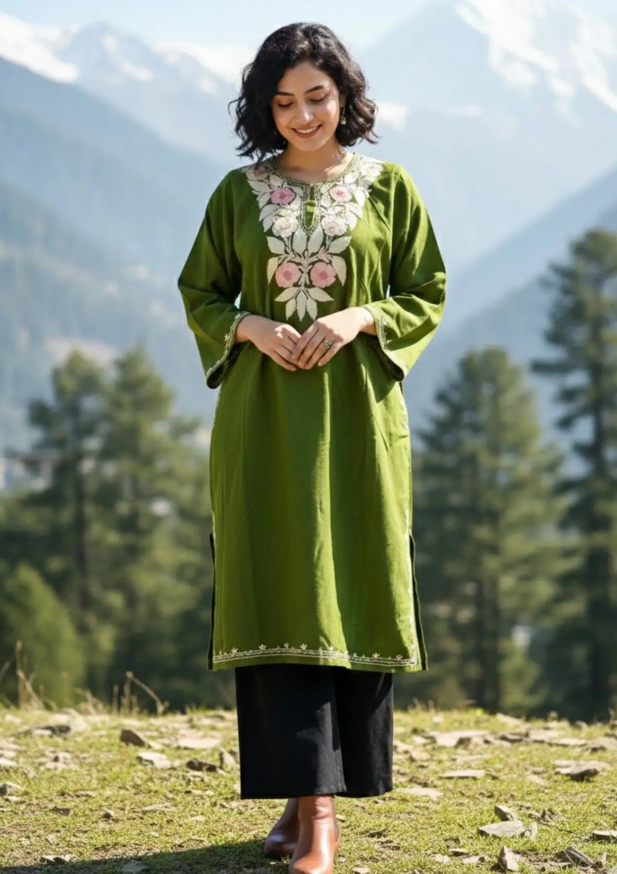 Sama | Mehendi Green Woollen Kashmiri Phiran with Floral Aari Embroidery