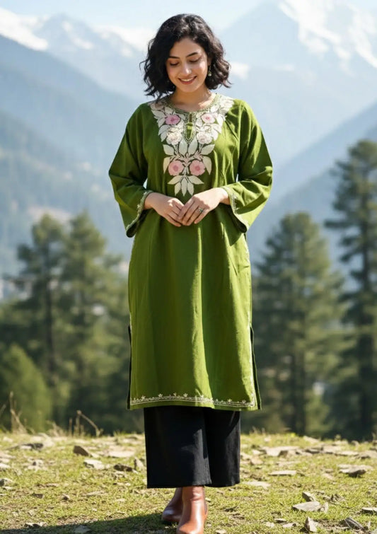 Sama | Mehendi Green Woollen Kashmiri Phiran with Floral Aari Embroidery