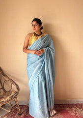Aisha | Powder Blue Handloom Cotton Saree with Gold Sequin
