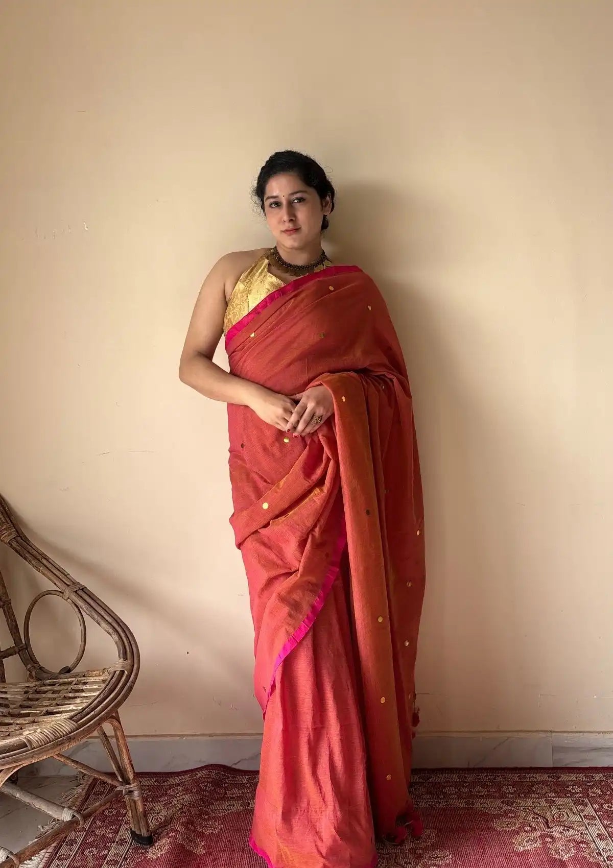 Saanvi | Rust Bengal Handloom Cotton Saree with Gold Sequin Booti