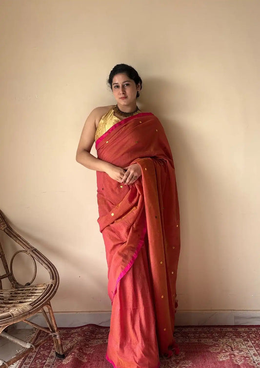 Saanvi | Rust Bengal Handloom Cotton Saree with Gold Sequin Booti