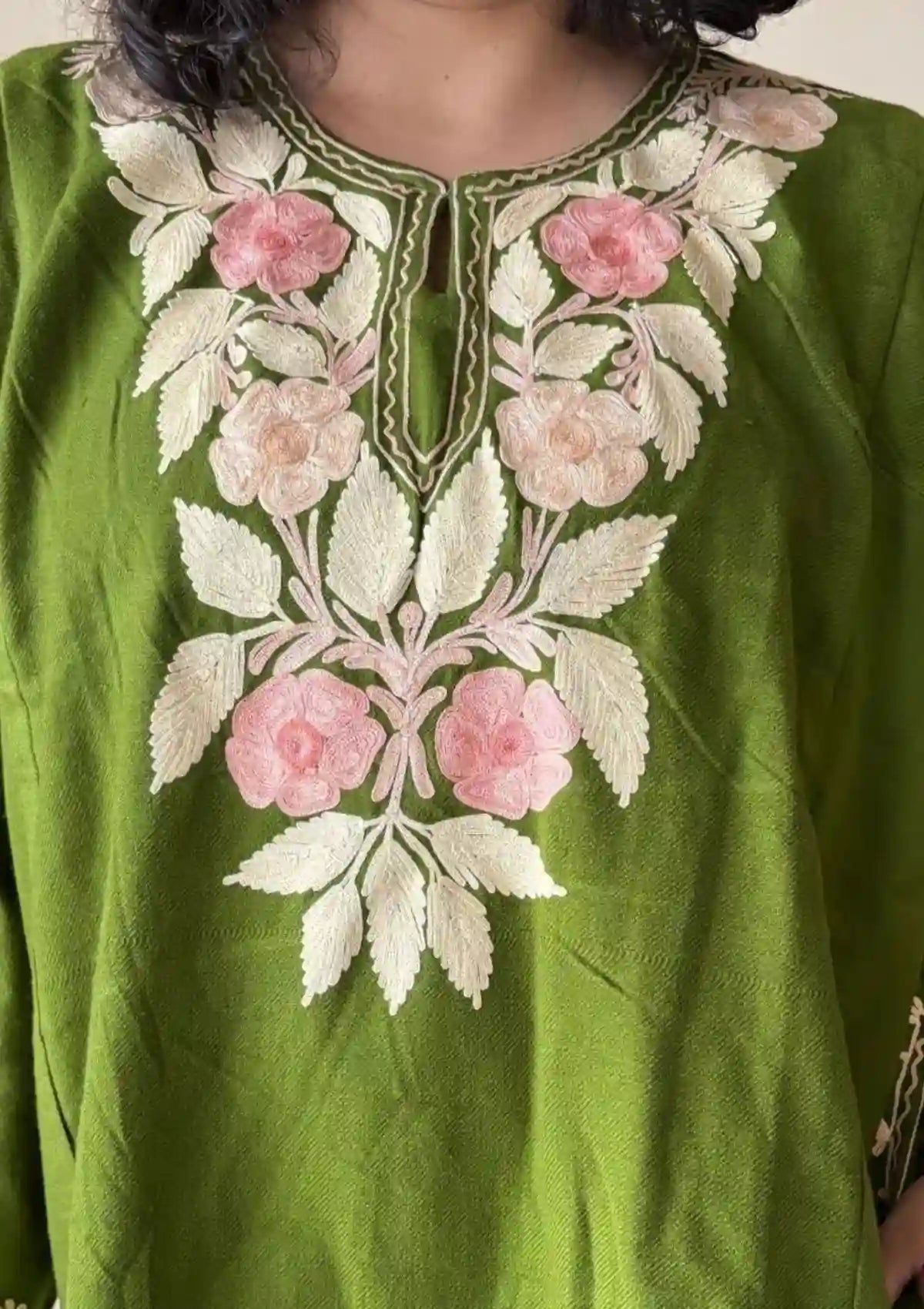 Sama | Mehendi Green Woollen Kashmiri Phiran with Floral Aari Embroidery