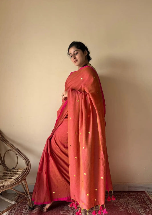 Saanvi | Rust Bengal Handloom Cotton Saree with Gold Sequin Booti