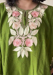 Sama | Mehendi Green Woollen Kashmiri Phiran with Floral Aari Embroidery