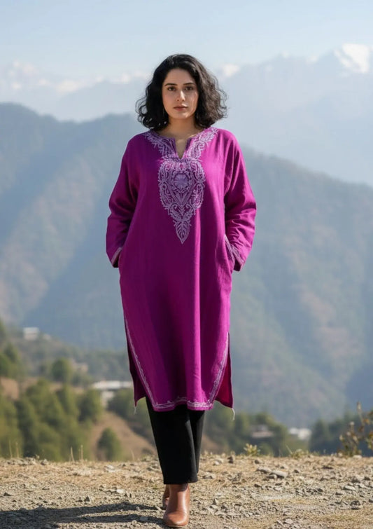 Mehnaz | Rani Pink Woollen Kashmiri Phiran with Floral Aari Embroidery
