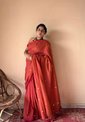 Saanvi | Rust Bengal Handloom Cotton Saree with Gold Sequin Booti