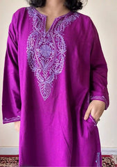 Mehnaz | Rani Pink Woollen Kashmiri Phiran with Floral Aari Embroidery