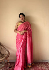 Noor | Pink Bengal Handloom Cotton Saree with Gold Sequin Booti