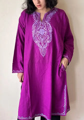 Mehnaz | Rani Pink Woollen Kashmiri Phiran with Floral Aari Embroidery