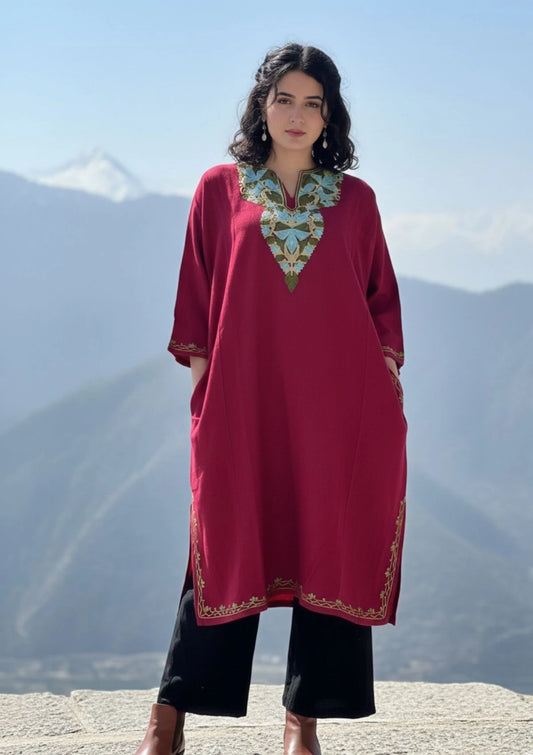 Kaira | Crimson Red Woollen Kashmiri Phiran with Floral Aari Embroidery