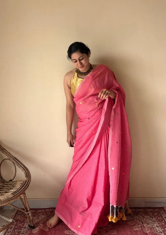 Noor | Pink Bengal Handloom Cotton Saree with Gold Sequin Booti