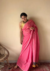 Noor | Pink Bengal Handloom Cotton Saree with Gold Sequin Booti