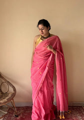 Noor | Pink Bengal Handloom Cotton Saree with Gold Sequin Booti