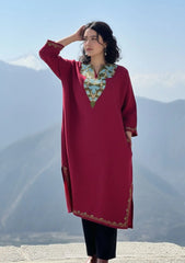 Kaira | Crimson Red Woollen Kashmiri Phiran with Floral Aari Embroidery