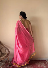 Noor | Pink Bengal Handloom Cotton Saree with Gold Sequin Booti