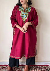 Kaira | Crimson Red Woollen Kashmiri Phiran with Floral Aari Embroidery