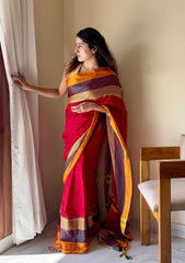 Rudhira Red Temple Border Handloom Pure Cotton Saree - Qatha 