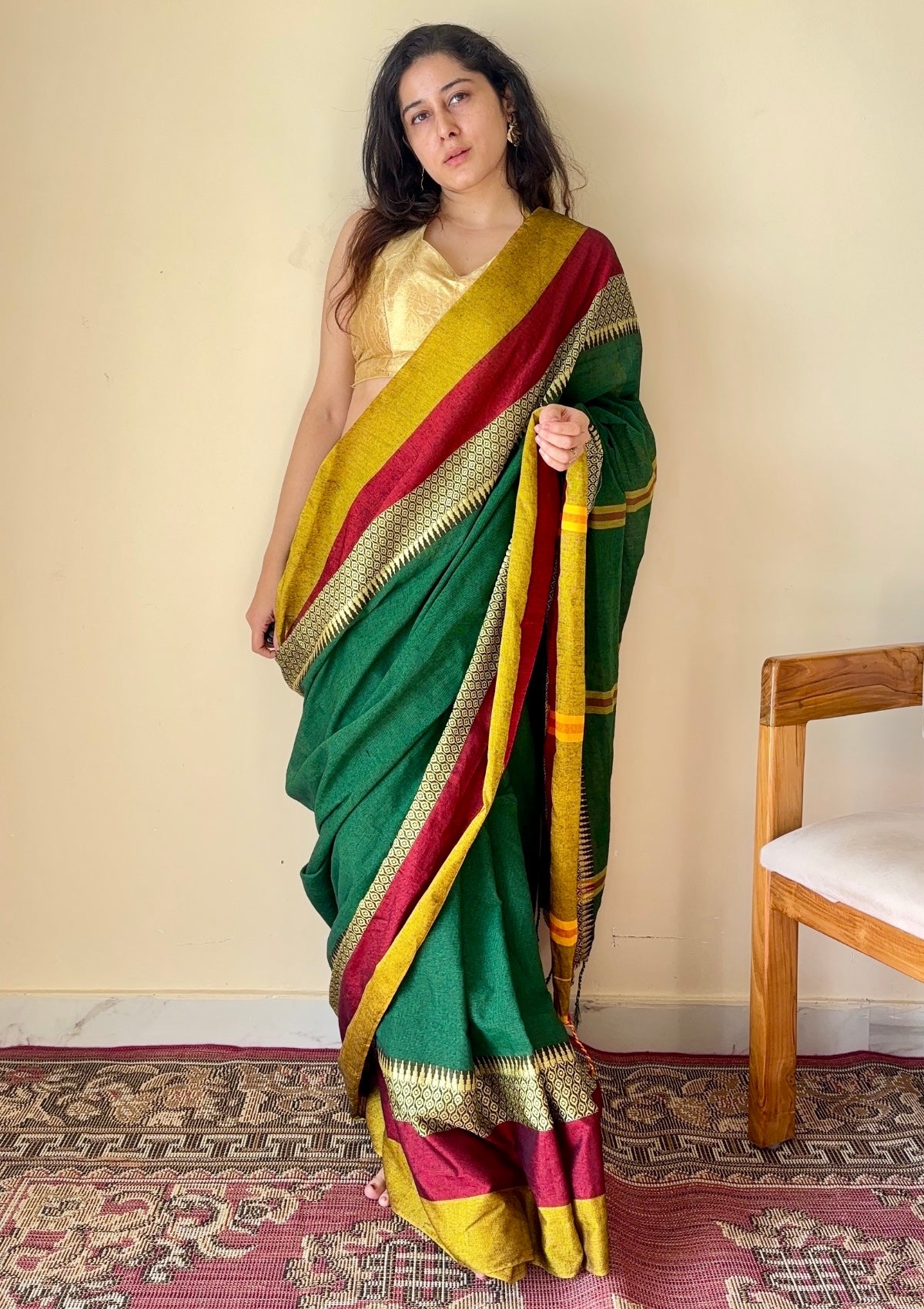 Aarini Green Temple Border Handloom Pure Cotton Saree - Qatha 