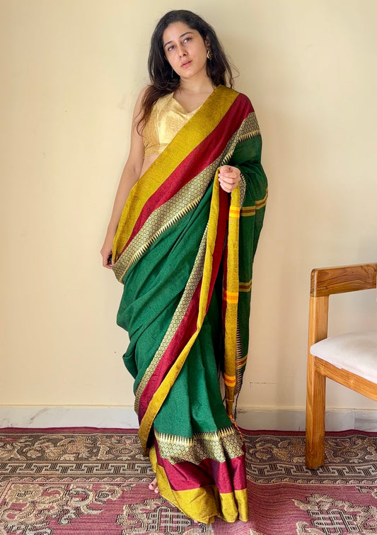Aarini Green Temple Border Handloom Pure Cotton Saree - Qatha 