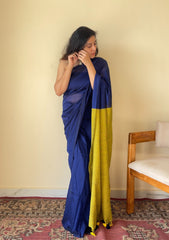 Neelaya Blue and Yellow Pallu Mul Cotton Saree with Tassels - Qatha