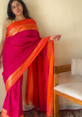 Tarangini Rani Pink Temple Border Handloom Pure Cotton Saree - Qatha 