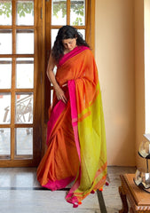 Charu Orange and Lime Green Pure Handloom Cotton Saree With Tassels