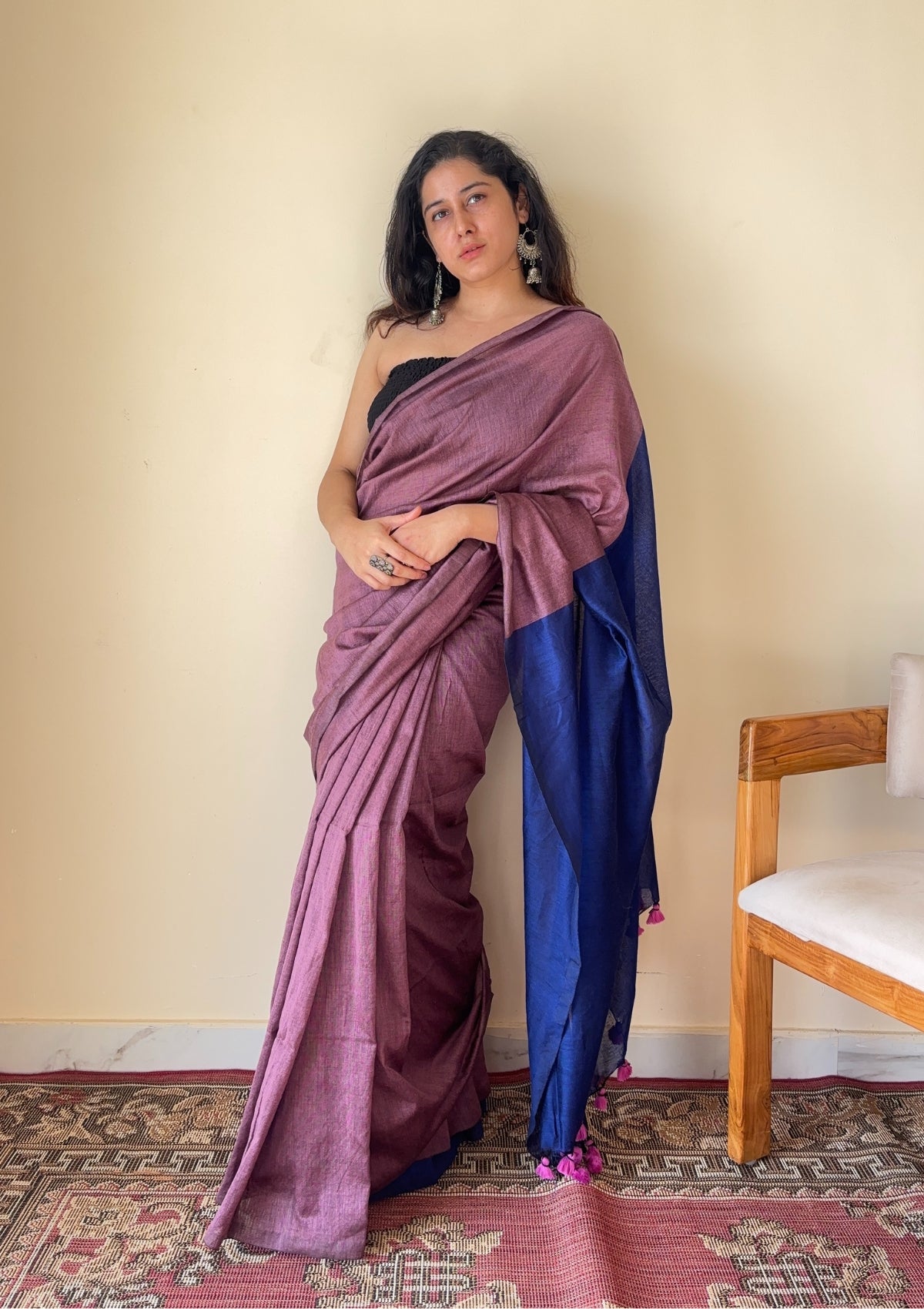 Chitrangada Jamuni with Blue Pallu Mul Cotton Saree with Tassels - Qatha 