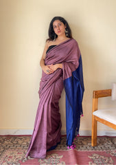 Chitrangada Jamuni with Blue Pallu Mul Cotton Saree with Tassels - Qatha 