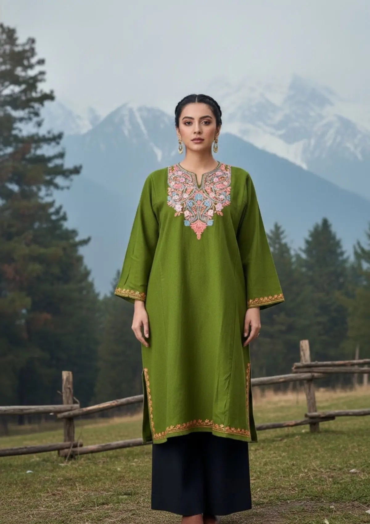Gulrukh | Mehendi Green Woollen Kashmiri Phiran with Floral Aari Embroidery