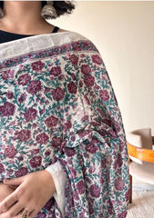 Bahaar Linen Cotton Bagru Handblock Printed Saree | Pink White