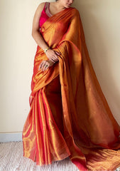 Yamini Orange Handloom Tissue Cotton Saree