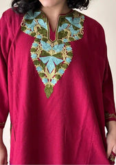 Kaira | Crimson Red Woollen Kashmiri Phiran with Floral Aari Embroidery