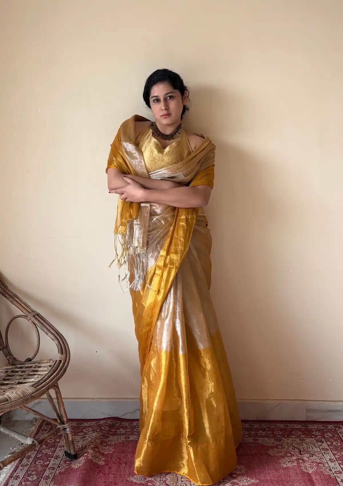 Kanika | Silver Gold Cotton Tissue Handloom Saree