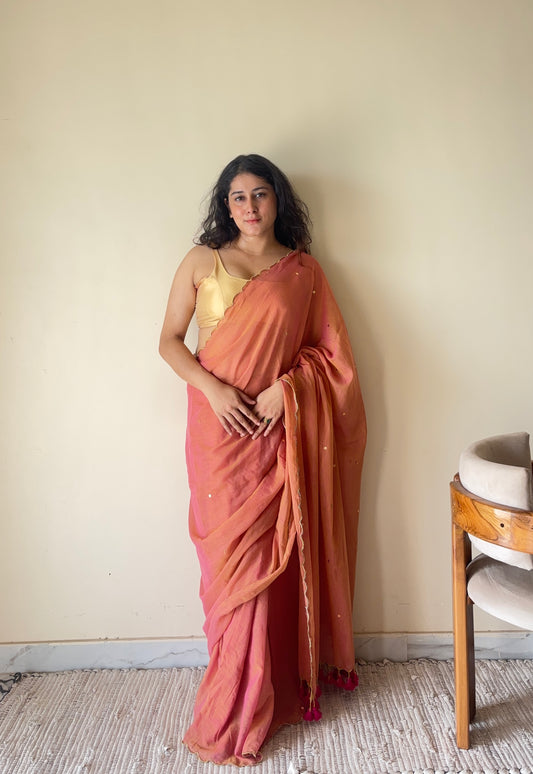 Tara Blush Pink Soft Mulmul Cotton Sequin Saree with Scalloped Border