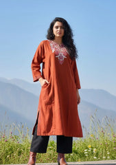 Ziaa | Rust Orange Woollen Kashmiri Phiran with Floral Aari Embroidery
