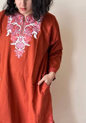 Ziaa | Rust Orange Woollen Kashmiri Phiran with Floral Aari Embroidery