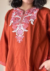 Ziaa | Rust Orange Woollen Kashmiri Phiran with Floral Aari Embroidery