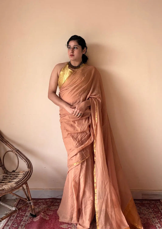Meher | Blush Mul Cotton Saree with Gold Tissue Pallu