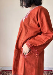 Ziaa | Rust Orange Woollen Kashmiri Phiran with Floral Aari Embroidery