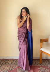 Chitrangada Jamuni with Blue Pallu Mul Cotton Saree with Tassels - Qatha 