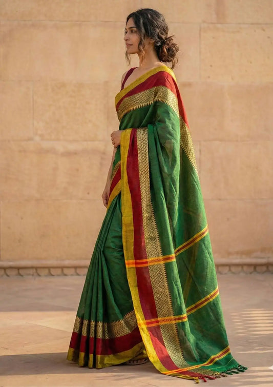 Aarini Green Avani Border Narayanpeth  Handloom Pure Cotton Saree