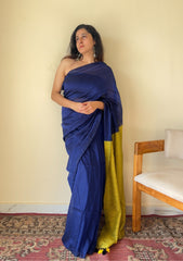 Neelaya Blue and Yellow Pallu Mul Cotton Saree with Tassels - Qatha 