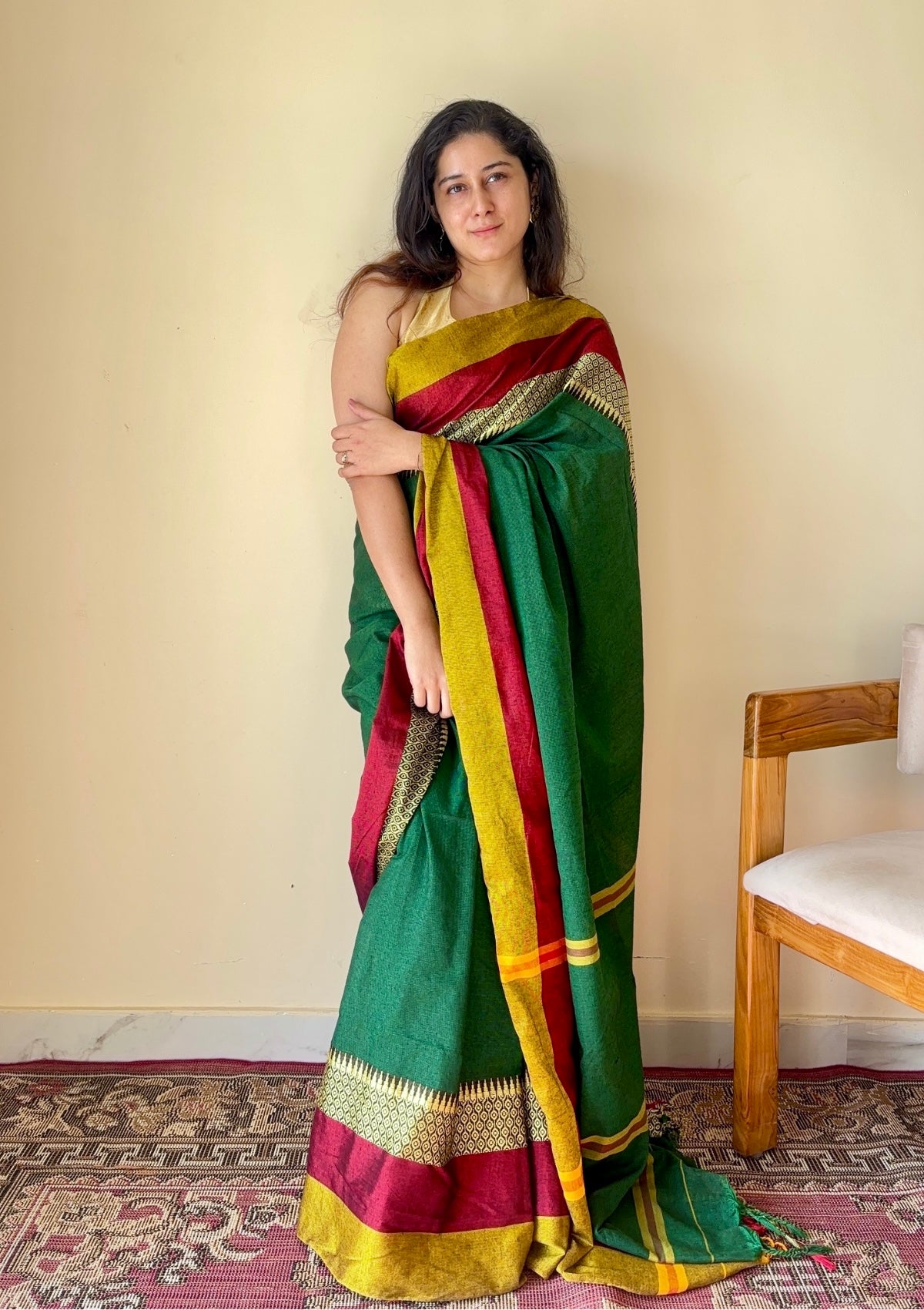 Aarini Green Temple Border Handloom Pure Cotton Saree - Qatha 