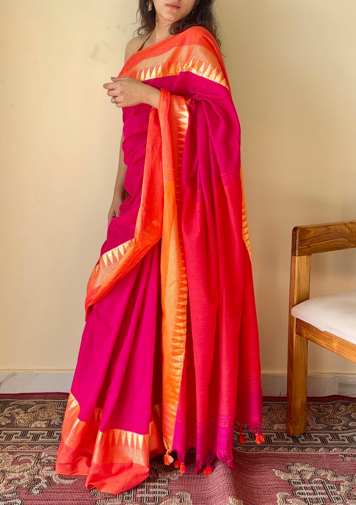 Tarangini Rani Pink Temple Border Handloom Pure Cotton Saree - Qatha 