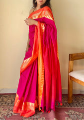 Tarangini Rani Pink Temple Border Handloom Pure Cotton Saree - Qatha 