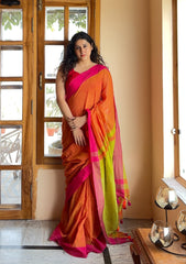 Charu Orange and Lime Green Pure Handloom Cotton Saree With Tassels