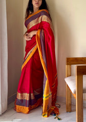 Rudhira Red Temple Border Handloom Pure Cotton Saree - Qatha 