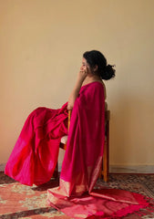 Gulal Pink Pure Cotton Handloom Saree with Silver Border and Tassels