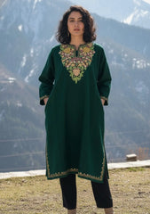 Zaraaf | Green Woollen Kashmiri Phiran with Floral Aari Embroidery