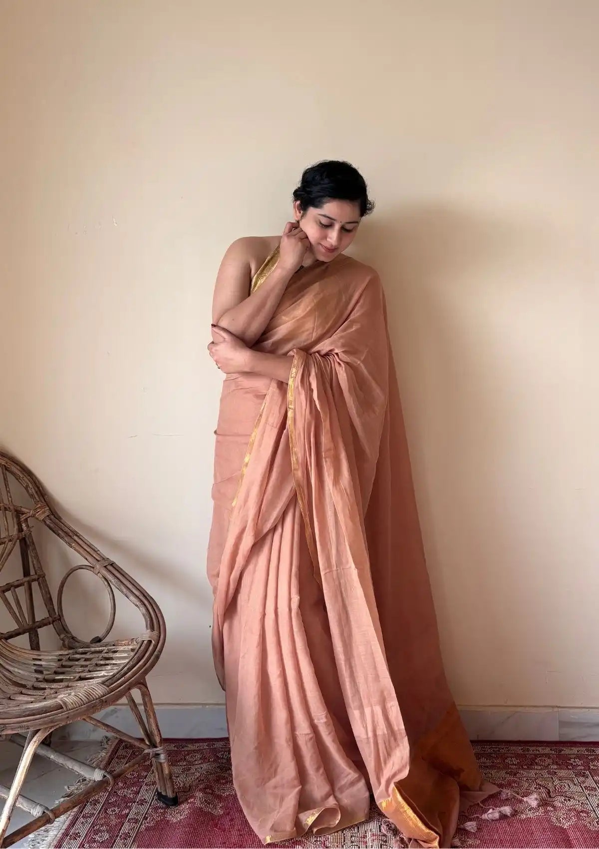 Meher | Blush Mul Cotton Saree with Gold Tissue Pallu